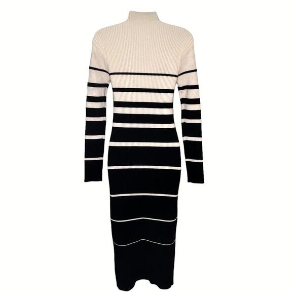 Stitchdrop Ribbed Black Cream Striped Mock Neck Midi Sweater Dress - Picture 6 of 9
